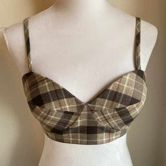 Favorite Daughter Plaid Crop Bralette and Shirt Set in Brown and Beige - Picture 2 of 9
